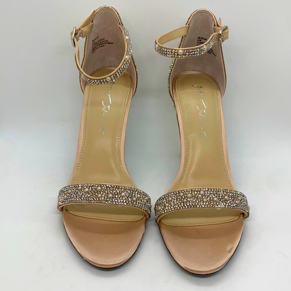 Betsey Johnson Jeweled Metallic Stiletto Sandals Beige 9 Pearl Stone Embellish - Picture 3 of 14